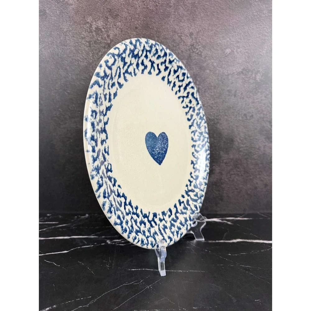 VTG Tienshen Folk Craft Hearts Blue White Spongeware 10 3/8in Dinner Plate READ